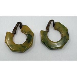 Vintage Bakelite Butterscotch & Green Marble Octagonal Hoop Clip On Earrings